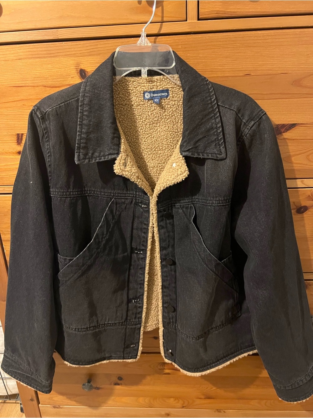 Democracy Black Denim Jacket with Cream Sherpa Lining
